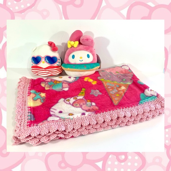 Hello Kitty and Melody Ice Cream Crochet Baby Youth Blanket Plush Set - 3 Piece - Picture 1 of 10